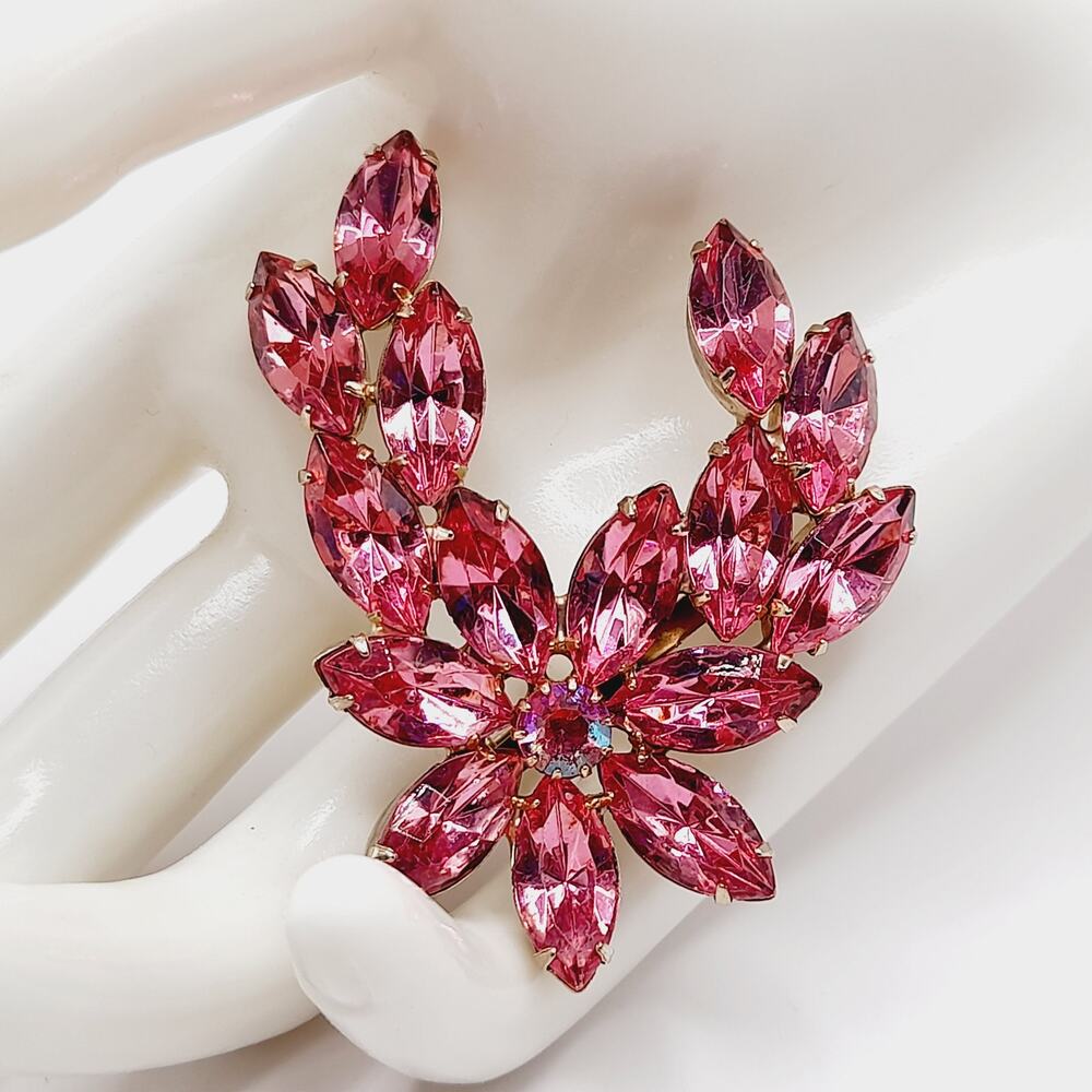 Vintage Pink Rhinestone Floral Spray Brooch AB Center Gold Tone 2.25”